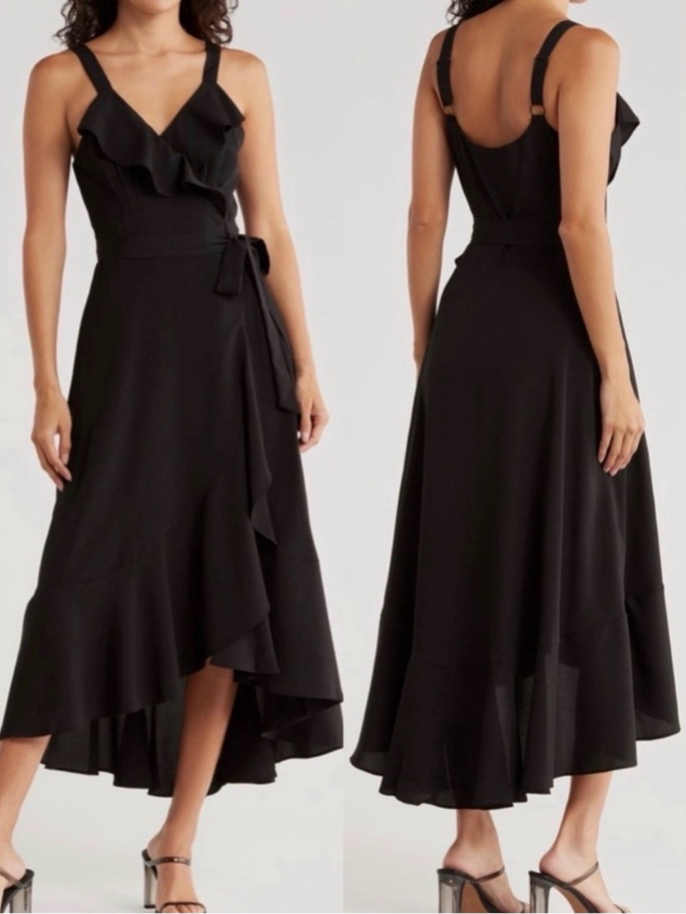 Hutch Black Ruffle High-Low Wrap Dress